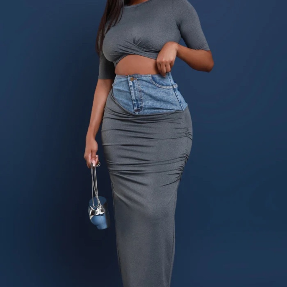 Chic Gray Maxi Skirt and Croo top with Denim Detail